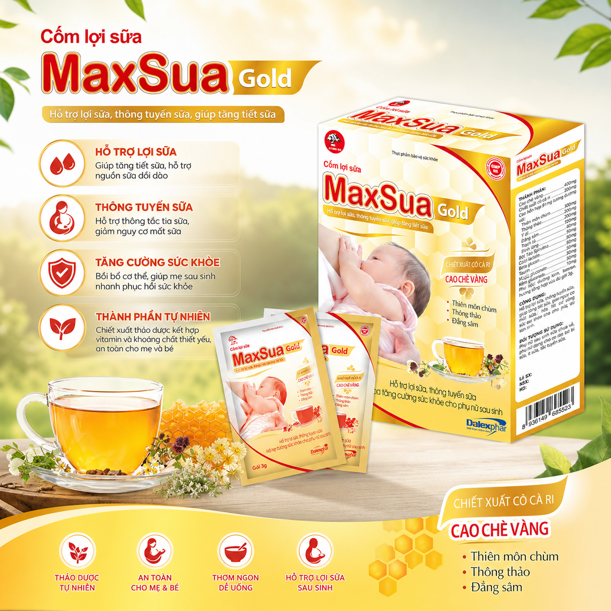 Cốm Lợi Sữa MAXSUA GOLD, Thông Tuyến Sữa, Tăng Tiết Sữa, Hộp 20 Gói